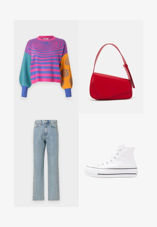 Dugorukava majica s pink i ljubičastim koncentričnim prugama na tijelu, zeleno-plavim cik-cak uzorcima na jednom rukavu i narančasto-plavim spiralama na drugom.; Svijetloplavi traperice s ravnim nogavama, pet džepova, zatvaranjem na dugme i suptilnom teksturom. Nema vidljivih oštećenja ili uzoraka.; Bijela visoka platnena tenisica s crnom gumenom potplatom, prednjim gumenim zaštitnikom prstiju i šest rupa za vezanje, s čistim, minimalističkim dizajnom.; Crvena kožna torba s kutnim, geometrijskim dizajnom. Ima jedan podesivi remen i preklopni zatvarač sa šivenim detaljima.