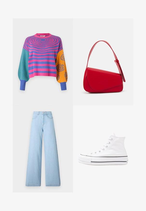 Ilgas rankovėmis megztinis su rožinėmis ir violetinėmis koncentriškomis juostelėmis ant kūno, žaliai mėlynais zigzagais ant vienos rankovės ir oranžinėmis su mėlynomis spiralėmis ant kitos.; Šviesiai mėlynos plačios kelnės, pagamintos iš džinsinio audinio, su aukštu liemeniu, priekinėmis kišenėmis ir švariais krašteliais, turinčiais minimalų siūlių detalių.; Balti aukštakulniai drobės sportbačiai su juodu guminio pado, priekinio guminio piršto dangteliu ir šešiais akytėmis raištams, pasižymintys švariu, minimalistiniu dizainu.; Raudona odinė rankinė su kampuota, geometrine forma. Pasižymi viena reguliuojama dirželiu ir dangteliu su siuvinėtais dekoracijomis.