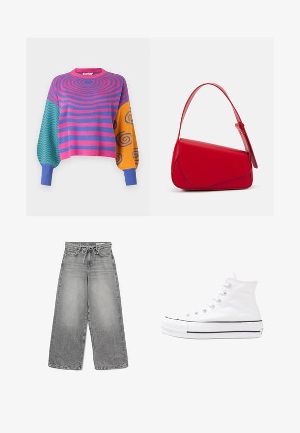 Pulover cu mâneci lungi, cu dungi concentrice roz și mov pe corp, zig-zaguri verzi și albastre pe o mânecă și spirale portocalii cu albastre pe cealaltă.; Jeanși din denim gri, cu croi larg, finisaj uzat, talie cu șnur și design tradițional cu cinci buzunare, având detalii de cusătură vizibile.; Adidași albi tip pantofi sport cu glezna din pânză, cu talpă din cauciuc negru, capac de vârf din cauciuc frontal și șase ochiuri pentru șireturi, având un design curat și minimalist.; Geantă de mână din piele roșie, cu un design unghiular și geometric. Dispune de o singură curea ajustabilă și un sistem de închidere cu clapetă, cu detalii cusute.