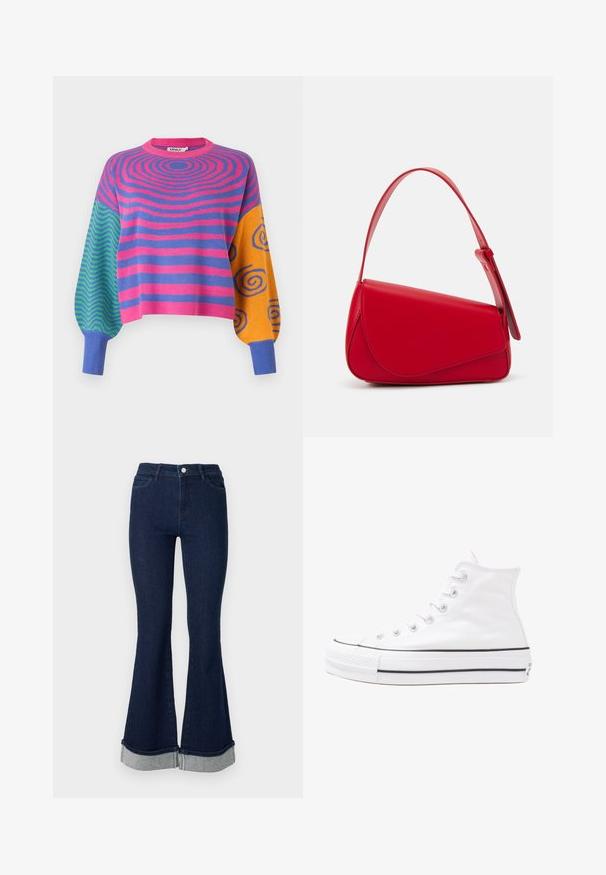 Pikad varrukadega kampsun, millel on kere peal roosa ja lilla kontsentrilised triibud, ühel varrukal rohelised ja sinised siksakid ning teisel oranžid ja sinised spiraalid.; Tumed sinised laiad teksad, mis on valmistatud denimist ja millel on kõrge vöökoht. Alaseljas on laiem äär heledamast denimist. Viie tasku disain ning nööbiga sulgemine.; Valge kõrgem kangast tenniseking, millel on must kummist tald, ees kummist varvasetugi ja kuus aukku paelte jaoks, pakkudes puhta ja minimalistliku disaini.; Punane nahast käekott, millel on nurkadega geomeetriline disain. Omab ühte reguleeritavat rihma ja klappidega sulgemist, millel on õmblustega kaunistused.