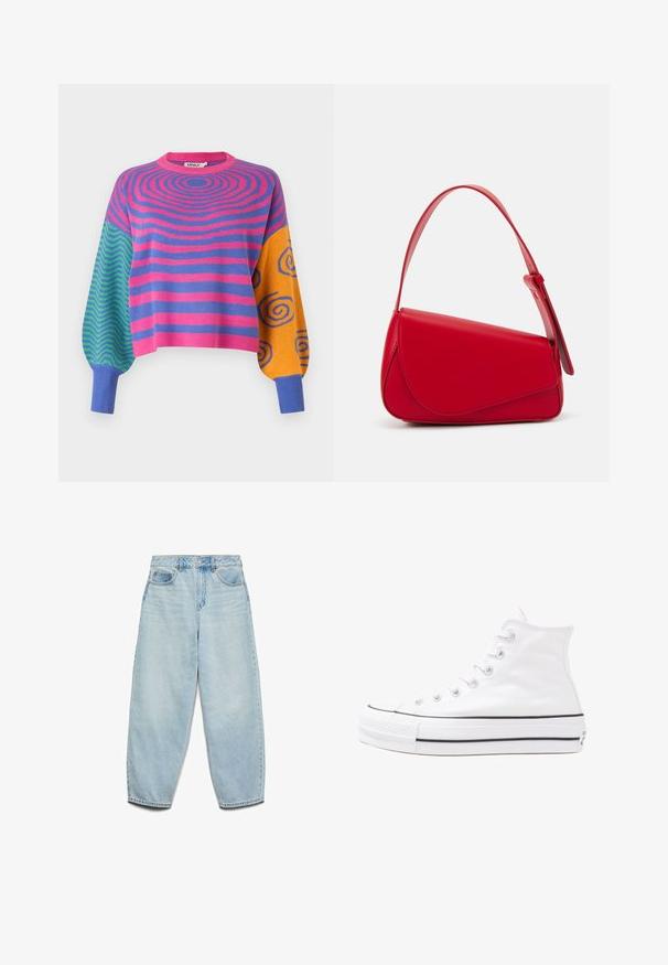 Sveter s dlhým rukávom s ružovými a fialovými koncentrovanými pruhmi na tele, zeleno-modrými cikcakmi na jednom rukáve a oranžovo-modrými špirálami na druhom.; Svetlomodré denimové džínsy s voľným strihom, vysokým pásom a širokými nohavicami so slabým jemným opotrebením a klasickým dizajnom piatich vreciek.; Biele vysoké plátené tenisky s čiernou gumovou podošvou, prednou gumovou špičkou a šiestimi okami na šnúrky, s čistým, minimalistickým dizajnom.; Červená kožená kabelka s ostrým, geometrickým dizajnom. Má jeden nastaviteľný popruh a uzatváranie na klopu so šitím.