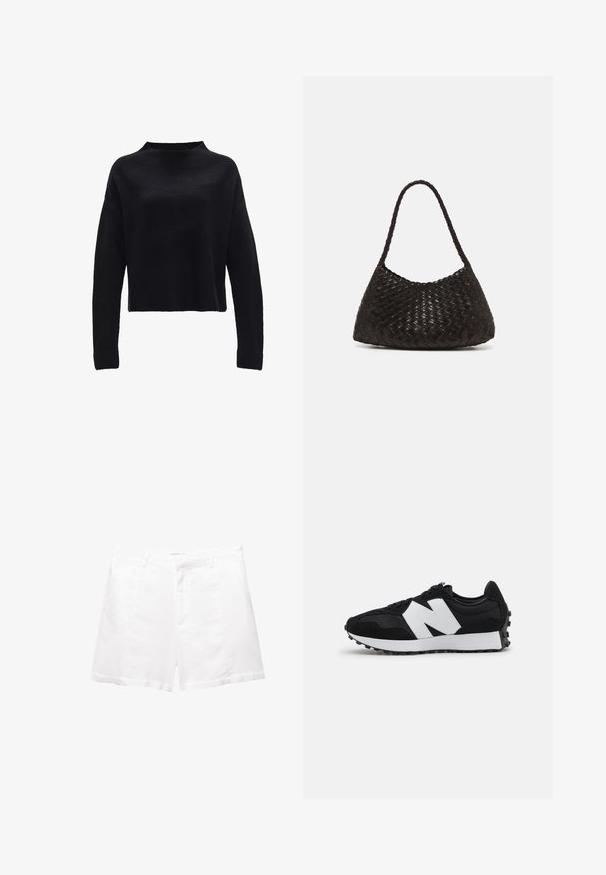 Maglione cropped nero con un col alto e maniche lunghe e larghe. Realizzato in un materiale a maglia testurizzato. Design semplice senza motivi o accenti.; Bermuda bianche in cotone con una vestibilità sartoriale, dotate di tasche frontali, patta con zip e vita piatta. Tessuto liscio, senza motivi visibili.; Sneaker in suede nero e mesh con logo e dettagli bianchi. Suola in gomma robusta con grip testurizzato. Design atletico classico.; DRAGON DIFFUSION ROSANNA - Borsa a mano - dark brown