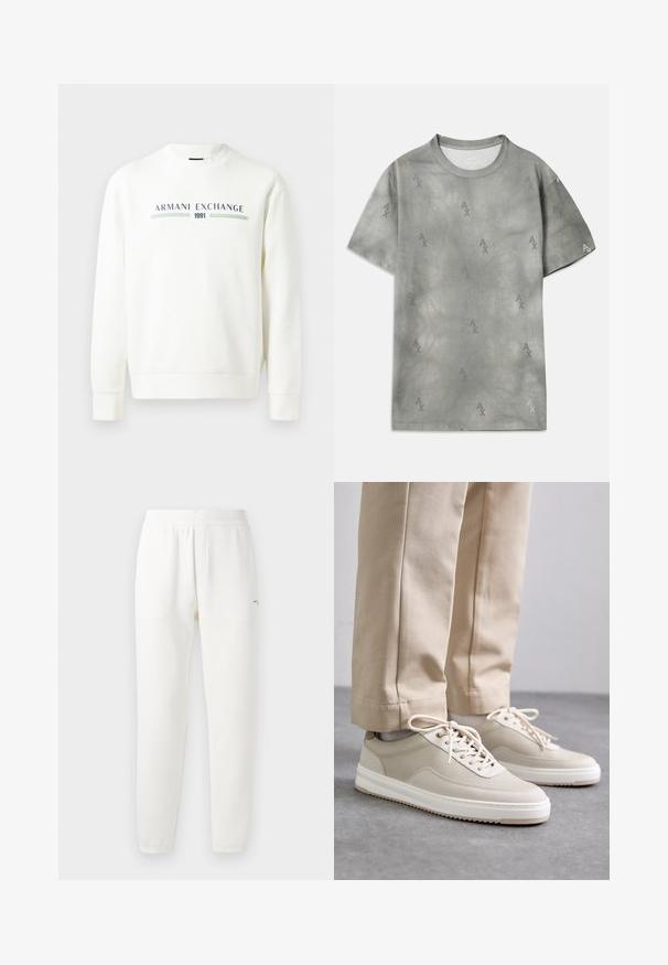 White sweatshirt with round neckline, long sleeves, and ribbed cuffs. Features printed "Armani Exchange 1991" logo in blue and green.; Gray cotton T-shirt with subtle AX logo pattern, round neckline, short sleeves, and a relaxed fit. Smooth texture with a slightly faded style.; White sweatpants made from soft fabric, featuring an elastic waistband, tapered legs, and a small logo on the left side.; Beige sneakers with a textured upper, white soles, and stitched accents, paired with beige trousers, displayed on a gray surface.
