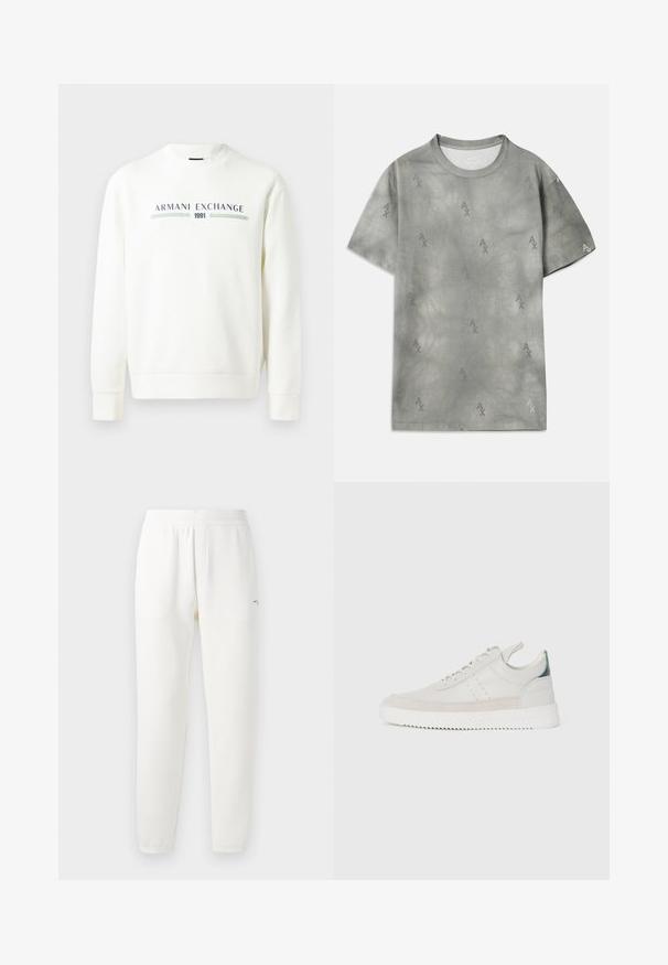 Bílá mikina s kulatým výstřihem, dlouhými rukávy a žebrovanými manžetami. Na přední straně je potisk "Armani Exchange 1991" v modré a zelené barvě.; Šedé bavlněné tričko s jemným vzorem loga AX, kulatým výstřihem, krátkými rukávy a uvolněným střihem. Hladká textura s mírně vybledlým stylem.; Bílé tepláky vyrobené z měkké látky, s elastickým pasem, zúženými nohavicemi a malým logem na levé straně.; Bílé kožené tenisky s šedými semišovými akcenty, šněrovací design, poutko a texturovaná gumová podrážka s cik-cak vzorem.