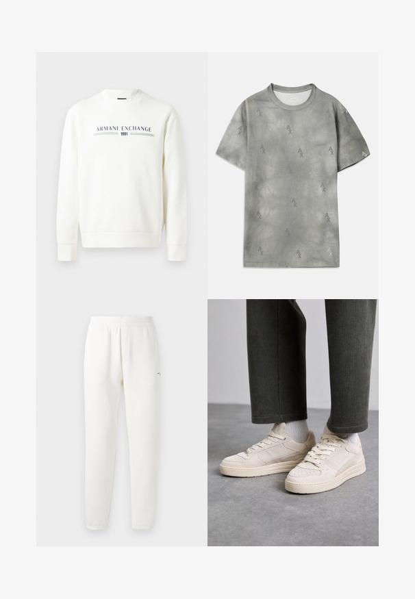 Bílá mikina s kulatým výstřihem, dlouhými rukávy a žebrovanými manžetami. Na přední straně je potisk "Armani Exchange 1991" v modré a zelené barvě.; Šedé bavlněné tričko s jemným vzorem loga AX, kulatým výstřihem, krátkými rukávy a uvolněným střihem. Hladká textura s mírně vybledlým stylem.; Bílé tepláky vyrobené z měkké látky, s elastickým pasem, zúženými nohavicemi a malým logem na levé straně.; Beige tenisky vyrobené z nubuku a síťoviny, s perforovanými detaily, plochými tkaničkami a silnou podrážkou. Nosené se zelenými manšestrovými kalhotami.