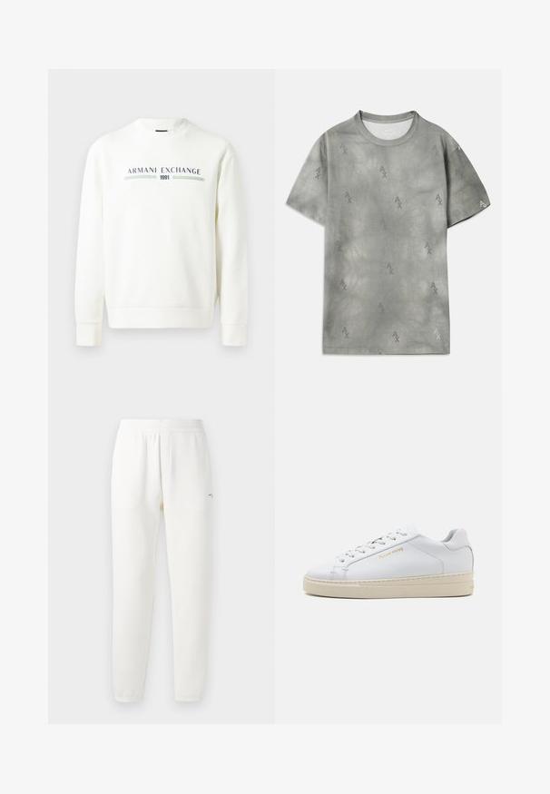 Biely mikina s okrúhlym výstrihom, dlhými rukávmi a rebrovanými manžetami. Obsahuje potlačené logo "Armani Exchange 1991" v modrej a zelenej farbe.; Šedé bavlnené tričko s jemným vzorom AX loga, okrúhlym výstrihom, krátkymi rukávmi a voľným strihom. Hladká textúra s mierne vyblednutým vzhľadom.; Biele teplákové nohavice vyrobené z mäkkej tkaniny, s elastickým pásom, zúženými nohami a malým logom na ľavej strane.; Biele kožené tenisky s okrúhlou špičkou, plochými šnúrkami a krémovou gumovou podrážkou. Obsahujú jemné branding v zlatej farbe a hladkú textúru.