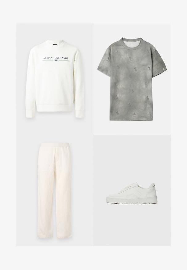 Valkoinen collegepaita, jossa on pyöreä kaula-aukko, pitkät hihat ja ribbauskahvat. Väritykseltään sininen ja vihreä "Armani Exchange 1991" -logo on painettu eteen.; Harmaa puuvillapaita, jossa on hillitty AX-logokuvio, pyöreä pääntie, lyhyet hihat ja rento malli. Sileä tekstuuri hieman haalistuneella tyylillä.; Kevyt, kermaisen väriset housut, joissa on joustava vyötärö, suora lahjesuunnittelu ja hieno rakenne. Ei näkyviä taskuja.; Valkoinen nahkakenkä, jossa on sileä pinta, pyöreä kärki, tasaiset nauhat ja teksturoitu pohja. Sisältää huomaamattoman logon kantapäässä.