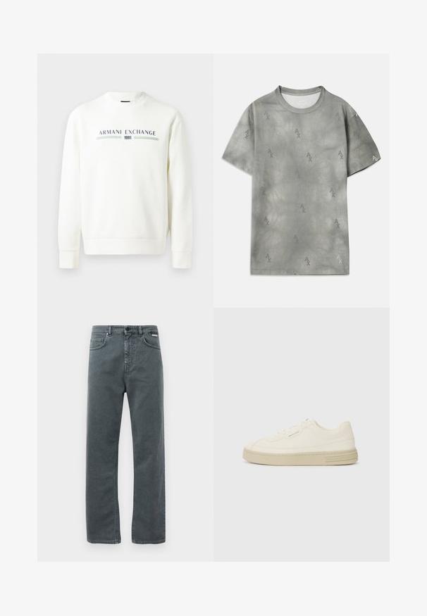 Felpa bianca con scollo rotondo, maniche lunghe e polsini a costine. Presenta il logo stampato "Armani Exchange 1991" in blu e verde.; T-shirt in cotone grigio con un sottile motivo a logo AX, scollo rotondo, maniche corte e vestibilità rilassata. Tessuto liscio con uno stile leggermente sbiadito.; Jeans in denim grigio con taglio dritto, cinque tasche e chiusura a bottone. Presentano cuciture sottili e un design classico e minimal.; Sneakers bianche in tela con suola in gomma testurizzata, dotate di una punta cucita e di un accento con logo sul tallone. Design semplice con lacci.