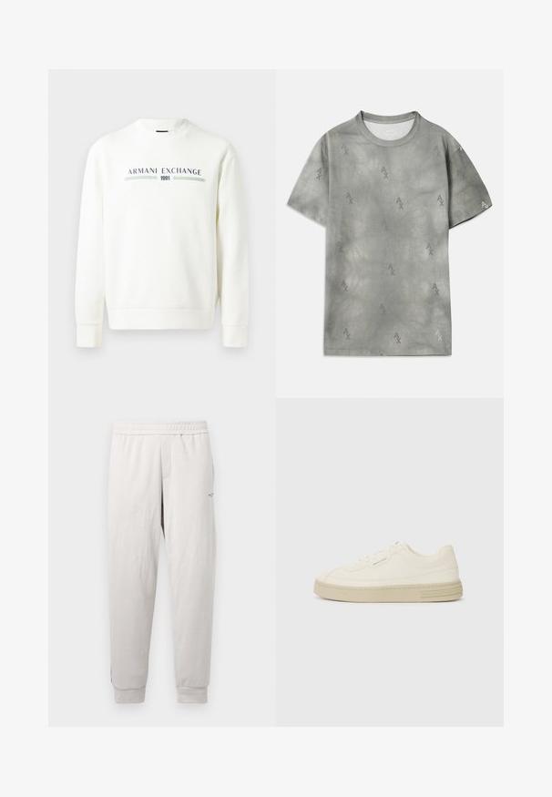 Witte sweatshirt met ronde halslijn, lange mouwen en geribbelde manchetten. Heeft een bedrukt "Armani Exchange 1991" logo in blauw en groen.; Grijze katoenen T-shirt met subtiele AX-logo patroon, ronde halslijn, korte mouwen en een relaxte pasvorm. Soepele textuur met een lichte vervaging.; Lichtgrijze sweatpants met een elastische tailleband, zijzakken, geribbelde manchetten en subtiele branding op het been, gemaakt van zachte stof.; Witte canvas sneakers met een gestructureerde rubberen zool, featuring een gestikte neuskap en logo-accent op de hak. Eenvoudig vetersluiting ontwerp.