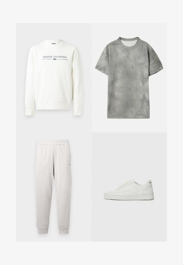 Witte sweatshirt met ronde halslijn, lange mouwen en geribbelde manchetten. Heeft een bedrukt "Armani Exchange 1991" logo in blauw en groen.; Grijze katoenen T-shirt met subtiele AX-logo patroon, ronde halslijn, korte mouwen en een relaxte pasvorm. Soepele textuur met een lichte vervaging.; Lichtgrijze sweatpants met een elastische tailleband, zijzakken, geribbelde manchetten en subtiele branding op het been, gemaakt van zachte stof.; Witte leren sneaker met een gladde afwerking, ronde neus, platte veters en een gestructureerde zool. Kenmerkt zich door een subtiel logo op de hiel.