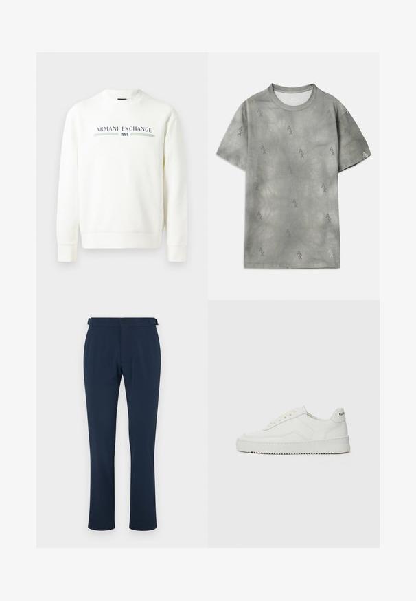 Valkoinen collegepaita, jossa on pyöreä kaula-aukko, pitkät hihat ja ribbauskahvat. Väritykseltään sininen ja vihreä "Armani Exchange 1991" -logo on painettu eteen.; Harmaa puuvillapaita, jossa on hillitty AX-logokuvio, pyöreä pääntie, lyhyet hihat ja rento malli. Sileä tekstuuri hieman haalistuneella tyylillä.; Merimaskiset housut sileästä kankaasta, suoran lahkeiden muotoilun kanssa, vyölenkeillä ja yhdellä nappikiinnityksellä. Minimalistinen tyyli ilman kuvioita.; Valkoinen nahkakenkä, jossa on sileä pinta, pyöreä kärki, tasaiset nauhat ja teksturoitu pohja. Sisältää huomaamattoman logon kantapäässä.