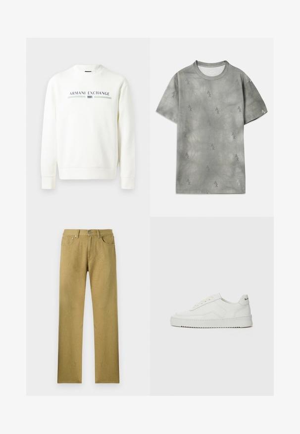 Bílá mikina s kulatým výstřihem, dlouhými rukávy a žebrovanými manžetami. Na přední straně je potisk "Armani Exchange 1991" v modré a zelené barvě.; Šedé bavlněné tričko s jemným vzorem loga AX, kulatým výstřihem, krátkými rukávy a uvolněným střihem. Hladká textura s mírně vybledlým stylem.; Olivově zelené kalhoty rovného střihu s předními kapsami, zapínáním na knoflík a jemným texturovaným vzorem na látce.; Bílé kožené tenisky s hladkým povrchem, kulatou špičkou, plochými tkaničkami a texturovanou podrážkou. Na patě se nachází nenápadné logo.
