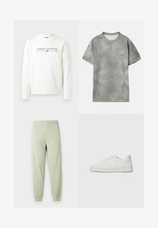 Witte sweatshirt met ronde halslijn, lange mouwen en geribbelde manchetten. Heeft een bedrukt "Armani Exchange 1991" logo in blauw en groen.; Grijze katoenen T-shirt met subtiele AX-logo patroon, ronde halslijn, korte mouwen en een relaxte pasvorm. Soepele textuur met een lichte vervaging.; Lichtgroene sweatpants met een elastische tailleband, een taps toelopend pootontwerp en zijzakken. Soepele, lichte stof met een matte afwerking.; Witte leren sneaker met een gladde afwerking, ronde neus, platte veters en een gestructureerde zool. Kenmerkt zich door een subtiel logo op de hiel.