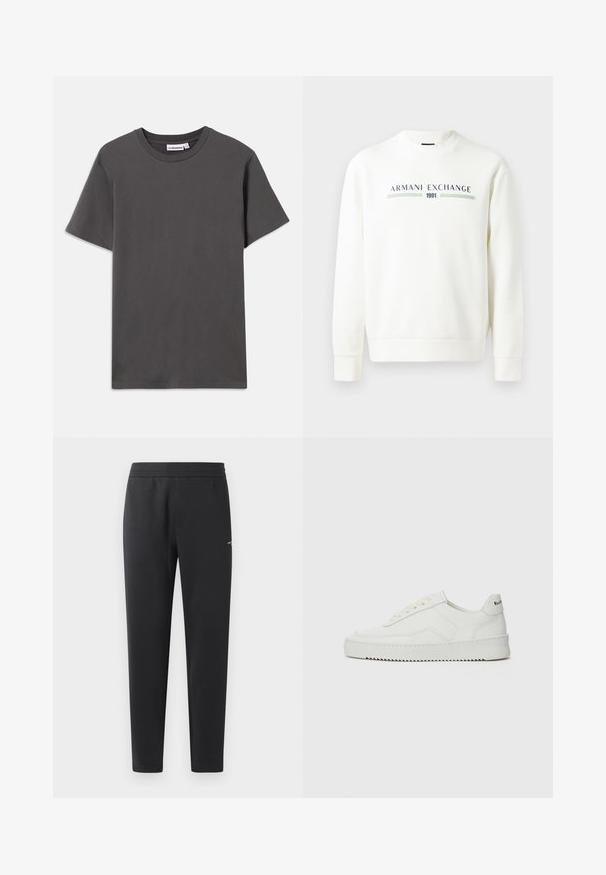 Biely mikina s okrúhlym výstrihom, dlhými rukávmi a rebrovanými manžetami. Obsahuje potlačené logo "Armani Exchange 1991" v modrej a zelenej farbe.; Jednoduché tmavo šedé tričko s krátkym rukávom a klasickým výstrihom so malou bielou nálepkou značky v golfe na bielom pozadí.; Čierne joggingové nohavice z mäkkej tkaniny, s elastickým pásom, rovnými nohavicami a malým logom na boku.; Biele kožené tenisky s hladkým povrchom, okrúly špičkový dizajn, ploché šnúrky a textúrovaná podrážka. Obsahujú jemné logo na päte.