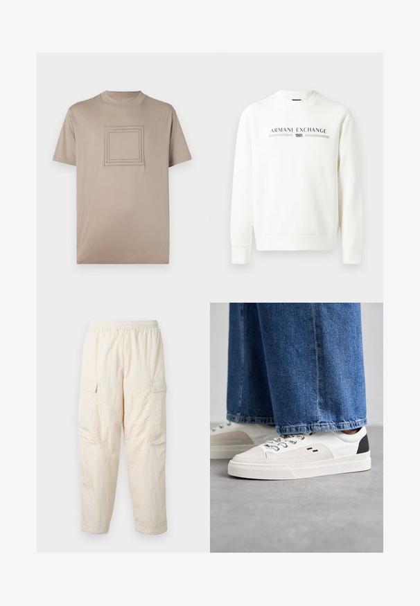 Biely mikina s okrúhlym výstrihom, dlhými rukávmi a rebrovanými manžetami. Obsahuje potlačené logo "Armani Exchange 1991" v modrej a zelenej farbe.; Bežové tričko s krátkym rukávom vyrobené z hladkej tkaniny, s dizajnom štvorcového loga v strede, obklopeného vystúpenými obdĺžnikovými obrysmi.; Béžové cargo nohavice s elastickým pásom, obsahujúce dve bočné vrecká a mäkký, ľahký materiál. Zvrásnená textúra.; Biele a čierne tenisky s hladkým koženým zvrškom, štruktúrovanými akcentmi a masívnou bielou podrážkou. Obsahujú klasický dizajn so šnurovaním.