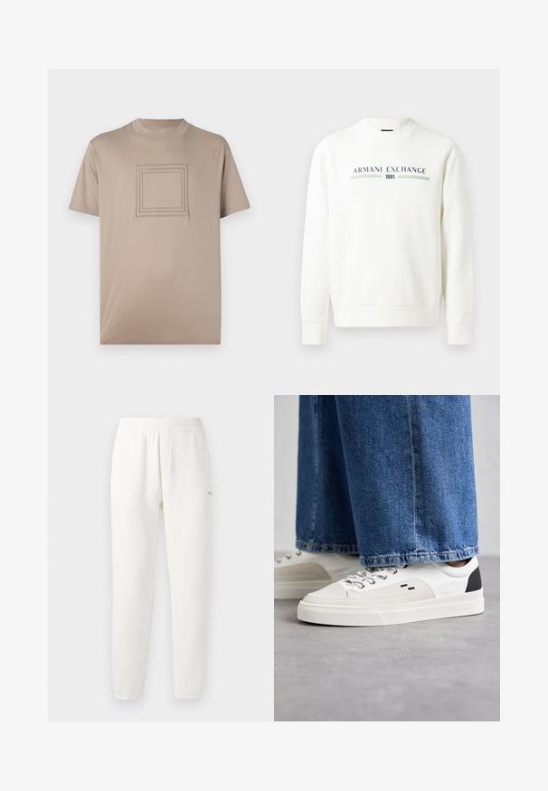 Valge kapuutsiga dressipluus ümmarguse kaeluse, pikkade varrukate ja soonikservadega. Omab sinise ja rohelisega trükitud "Armani Exchange 1991" logo.; Beez T-särk lühikeste varrukatega, valmistatud siledast kangast, mille keskosas on ruudukujuline logo koos reljeefsete ristkülikukujuliste äärtidega.; Valged dressipüksid, mis on valmistatud pehmest kangast, elastse vöökohtaga, kitsenevate jalgadega ja väikese logoga vasakul poolel.; Valged ja mustad spordijalatsid sileda nahkpealise, tekstuursete aktsentidega ja paksu valge tallaga. Omab klassikalist nööbistamise disaini.