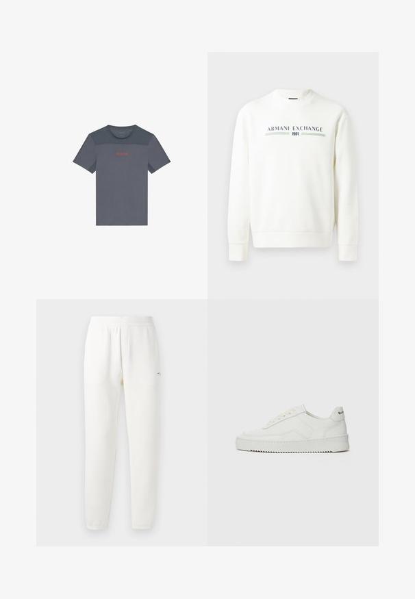 Witte sweatshirt met ronde halslijn, lange mouwen en geribbelde manchetten. Heeft een bedrukt "Armani Exchange 1991" logo in blauw en groen.; Grijze sportieve t-shirt met gaasaccenten, ronde halslijn, korte mouwen en een contrasterend rood "Calvin Klein" logo op de borst.; Witte sweatpants gemaakt van zacht materiaal, met een elastische tailleband, taps toelopende benen en een klein logo aan de linkerkant.; Witte leren sneaker met een gladde afwerking, ronde neus, platte veters en een gestructureerde zool. Kenmerkt zich door een subtiel logo op de hiel.
