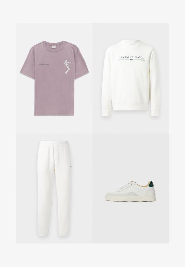 Weißer Sweatshirt mit Rundhalsausschnitt, langen Ärmeln und gerippten Bündchen. Mit einem gedruckten Logo "Armani Exchange 1991" in Blau und Grün.; Lavendelfarbenes kurzärmliges T-Shirt mit dem Text "United By Rhythm" auf der linken Brust und einer Grafik eines Trompeters, die aus dem Text "FILMMAKER" besteht, auf der rechten Brust.; Weiße Jogginghosen aus weichem Stoff, mit einem elastischen Bund, schmal zulaufenden Beinen und einem kleinen Logo auf der linken Seite.; Weiße Sneaker mit Wildlederelementen, runder Zehenpartie, flachen Schnürsenkeln und einer cremefarbenen Gummisohle. Mit grünen Markenlogo am Fersenbereich.