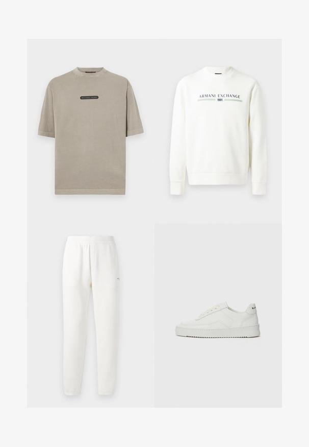 Bílá mikina s kulatým výstřihem, dlouhými rukávy a žebrovanými manžetami. Na přední straně je potisk "Armani Exchange 1991" v modré a zelené barvě.; Béžové tričko s krátkým rukávem vyrobené z bavlny, s kulatým výstřihem a černou nášivkou loga na přední straně. Hladká textura a volný střih.; Bílé tepláky vyrobené z měkké látky, s elastickým pasem, zúženými nohavicemi a malým logem na levé straně.; Bílé kožené tenisky s hladkým povrchem, kulatou špičkou, plochými tkaničkami a texturovanou podrážkou. Na patě se nachází nenápadné logo.