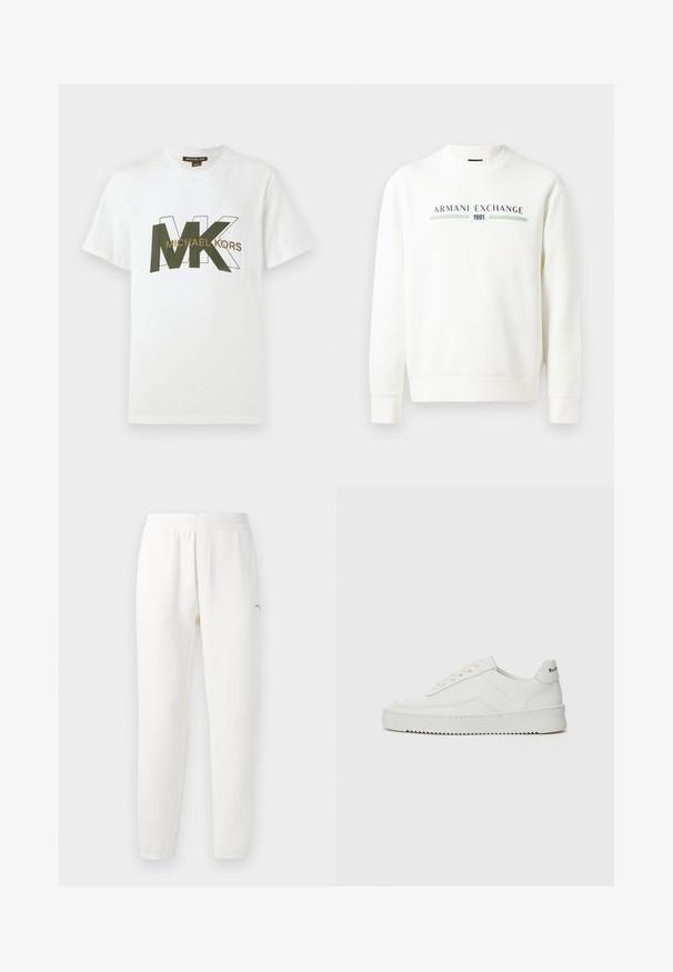 Hvid sweatshirt med rund halsudskæring, lange ærmer og ribbede manchetter. Fungerer med trykt "Armani Exchange 1991" logo i blå og grøn.; Hvid T-shirt med korte ærmer, der har overlappende grønne og omridset MK-bogstaver samt "MICHAEL KORS" tekst over brystet.; Hvide sweatpants lavet af blødt stof, med elastisk talje, tapered ben og et lille logo på venstre side.; Hvide lædersneakers med en glat overflade, rund tå, flade snørebånd og en tekstureret sål. Har et diskret logo på hælen.