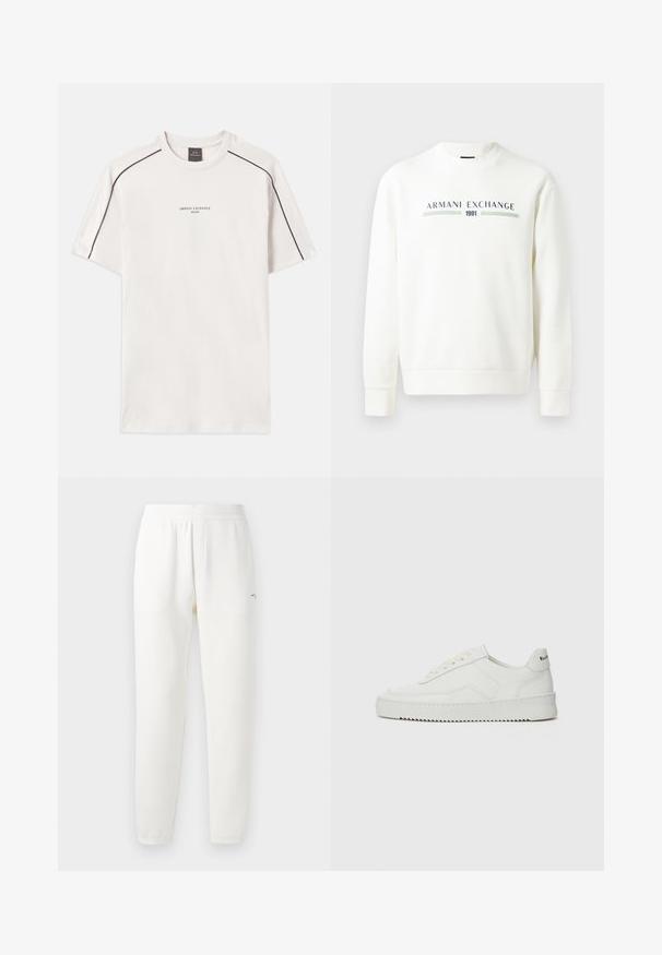 Baltas sportinis džemperis su apvalia iškirpte, ilgomis rankovėmis ir rauktomis rankogaliais. Puošia mėlynai žalias spausdintas "Armani Exchange 1991" logotipas.; Ofertas spalvos medvilnės T-shirt, turi trumpas rankoves, apvalią iškirptę, kontrastinius juodus siūlus ant pečių ir spausdintą logotipo tekstą.; Baltos sportinės kelnės, pagamintos iš minkštos medžiagos, su elastinga juosta, siaurėjančiomis kojomis ir maža logo ant kairės pusės.; Balti odiniai sportiniai bateliai su lygia apdaila, apvaliu pirštu, plokščiais raišteliais ir tekstūruotu padu. Pasižymi subtiliu logotipu ant kulno.