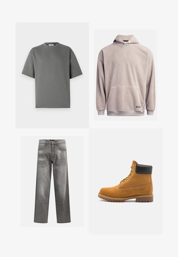 Gaišpelēka flīša pūlovers ar kapuci, ar priekšējo kabatu, ribotām piedurknēm un regulējamu kapuci. Mīksta tekstūra ar minimālu dekoru.; Īsām piedurknēm pelēks T-krekliņš, izgatavots no mīksta kokvilnas, ar apaļu kakla izgriezumu un brīvu piegriezumu ar minimālām šuvju detaļām.; Pelēki denim džinsi ar brīvu piegriezumu, ar izsistu un izbalējušu detaļu, klasisko piecu kabatu dizainu un pogu aizdari.; Brūna zamša potīte ar melnu izšuvumu ap kaklu, zelta metāla acu caurumi, balta šuvju apdare un izturīgs gumijas zole ar izteiktu zīmējumu.