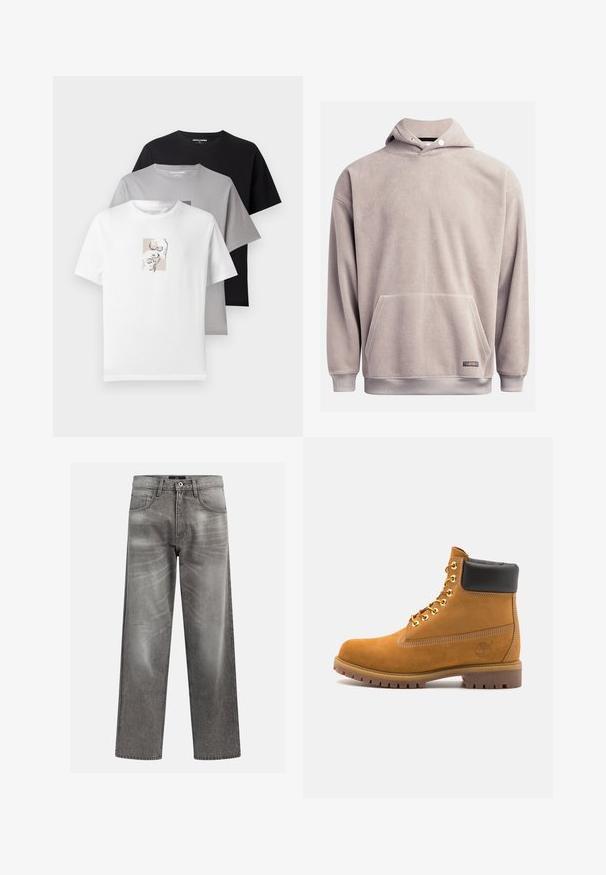 Hallide pullover-kapütsikergedas hallis, mis sisaldab esipocketit, soonikkrae ja reguleeritavat nööriga kapuutsi. Pehme tekstuur minimaalsete detailidega.; Kolm t-särki valges, hallis ja mustas värvitoonis. Lühikesed varrukad, ümarad kaelused. Valgel särgil on pehme graafiline kujundus koljulistest motiividest. Puuvillane materjal.; Hallide denim teksad, millel on lahtine lõige, esitlevad kulumis- ja pleekimisdetailide ning klassikalise viie-taskuga disaini ja nupuga sulgemist.; Küpset tan suede sääreboot musta pehmea kraega, kuldsed metallist silmad, valge õmblemise detailid ja robustne kummist tallaga, millel on väljendunud mustrid.
