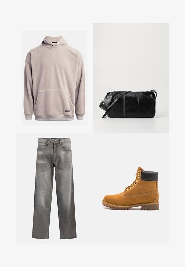 Fleece pullover hoodie in light gray, featuring a front pocket, ribbed hem, and adjustable drawstring hood. Soft texture with minimal detailing.; Gray denim wide-leg jeans with a faded finish, classic five-pocket design, and a metal button closure. Textured fabric with subtle wear details.; Tan suede ankle boot with black padded collar, gold metal eyelets, white stitching detailing, and rugged rubber sole with pronounced treads.; Black leather shoulder bag with a zip closure, featuring a textured body, white stitching, and a strap with silver grommets.