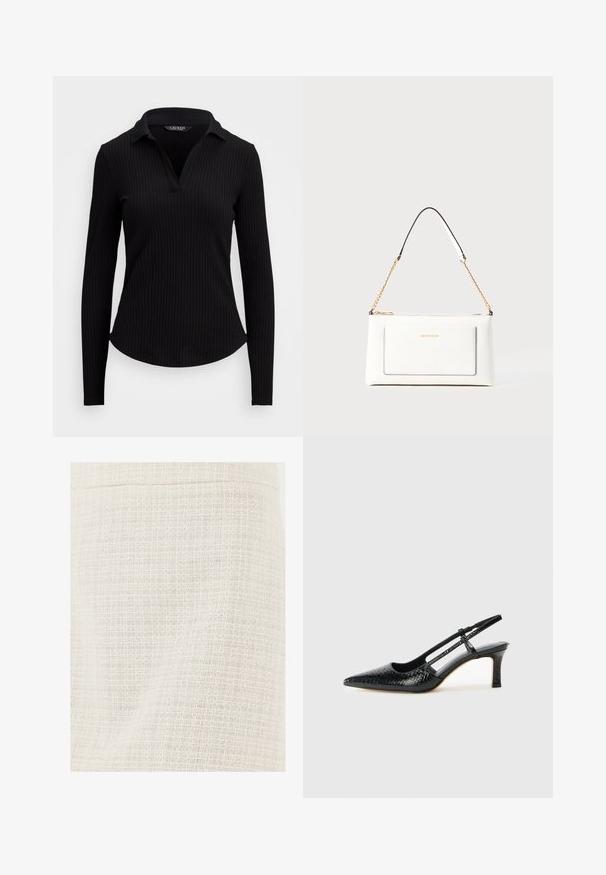 Crna rebrasta dugosPRaga polo majica s V-izrezom. Ima kroj koji se prilagođava tijelu i teksturiranu tkaninu. Glatka završnica bez ukrasa.; Izbliza prikaz kremastog tkiva s tkanim uzorkom u obliku grida i teksturiranim nitima.; Crne lakirane slingback pete s oštrim vrhom, s teksturiranim uzorkom zmijske kože, podesivom remenom i kratkom, teksturiranom blok-petom.; Bijela kožna torba s teksturiranim završetkom, koja ima zlatni lančić i crne akcentne detalje. Uključuje prednji džep i zatvaranje na patentni zatvarač.