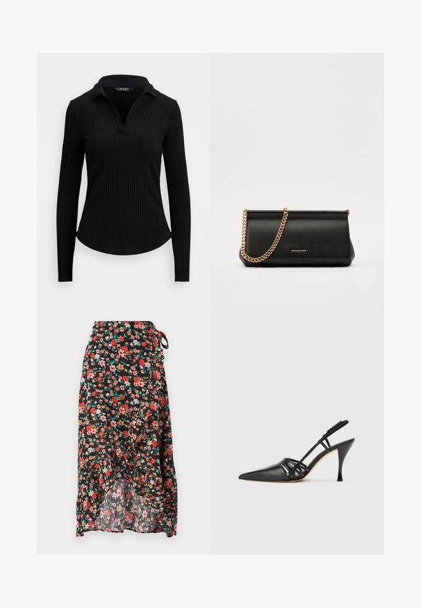 Svart stripete langermet polo skjorte med V-hals. Har en tettsittende design og teksturert stoff. Glatt overflate uten dekorasjoner.; Blomstrete omslagskjørt med svart bakgrunn, røde og rosa blomster, volangkant, justerbar knytning i livet, og lett stoff.; Sorte lærhæl med åpen bak, spiss tå, krysset stropp design, og slank stiletthæl. Glatt tekstur og minimale detaljer.; Svart skinnkuvertveske med en gullkjede-rem, med en glatt tekstur, rektangulær form og preget merkevare på forsiden.