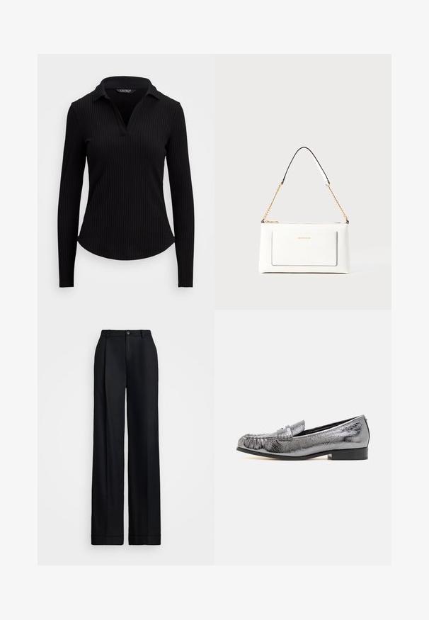 Musta ribbine pitkähihaiset polo-paita V-kaula-aukolla. Siinä on istuva malli ja teksturoitu kangas. Tasainen pinta ilman koristeluita.; Mustat leveät housut, joissa on sileä pinta, litteä etuosa, vyölenkit ja yksi nappisuljin vyötäröllä.; Metallihohtoinen hopeinen nahkaloaferi, jossa on teksturoitu pinta, fringeyksityiskohta ja matala musta korko. Klassinen ja virtaviivainen muoto.; Valkoinen nahkalaukku tekstuuripinnalla, jossa on kultaketjuolkaimet ja mustia yksityiskohtia. Mukana etutasku ja vetoketjusulku.