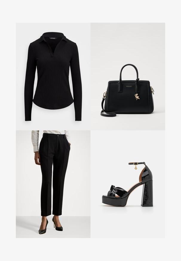 Black ribbed long-sleeve polo shirt with a V-neck collar. Features a fitted design and textured fabric. Smooth finish without embellishments.; Black tailored trousers with a high waist, featuring pleats, a button closure, and side pockets. Made of smooth fabric.; Maje High heeled sandals - noir; Black leather handbag with structured design, dual top handles, detachable shoulder strap, gold hardware, and a logo charm accent.