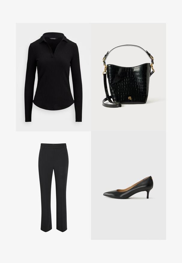 Juodas briaunuotas ilgomis rankovėmis polo marškinėliai su V formos apykakle. Turi prigludusį dizainą ir struktūruotą audinį. Lygus paviršius be papuošimų.; Juodos pritaikytos kelnės, pagamintos iš lygaus audinio, su tiesaus vamzdžio dizainu ir vidutinio aukščio juosmeniu, be papildomų akcentų ar raštų.; Juodos odinės aukštakulnės bateliai su smailiu nosiu, žemu kulnu ir lygiu paviršiumi. Priekyje yra nedidelis atvirumas, o gale minimalus apdaila.; Juodas krokodilo rašto odinis krepšys su lenkta forma, auksiniais aksesuarais, reguliuojama juosta ir logotipo detale priekyje.