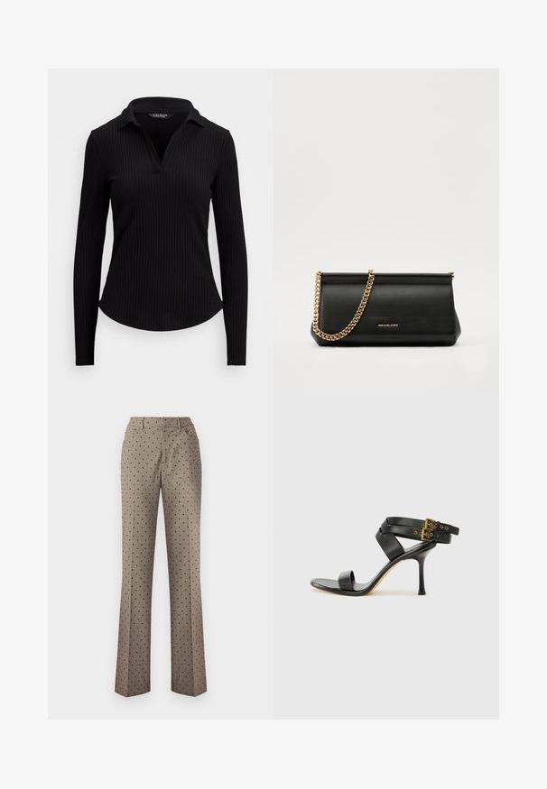 Polo à manches longues à côtes noires avec un col en V. Présente un design ajusté et un tissu texturé. Fini lisse sans embellissements.; Pantalons à carreaux beiges avec motif à pois noirs, coupe droite, une poche arrière, et passants de ceinture, fabriqués en tissu tissé texturé.; Sandale à talons noirs avec des straps croisés et une boucle ajustable. Elle présente une texture lisse et un talon aiguille effilé.; Sac à main en cuir noir avec une bandoulière en chaîne dorée, présentant une texture lisse, une forme rectangulaire et une marque embossée à l'avant.