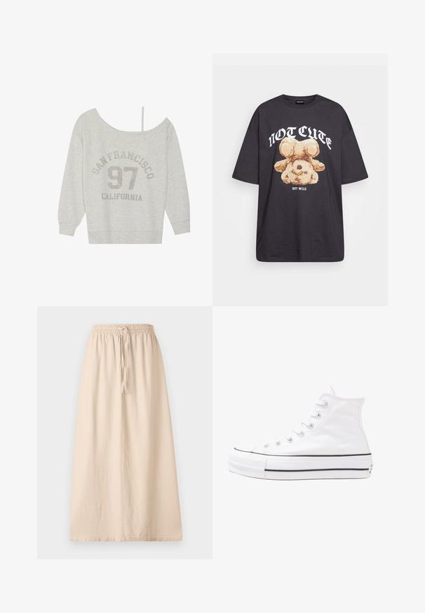 Even&Odd Bluză de molton - mottled light grey; Tricou oversized negru featuring un grafic cu un urs și textul „NU E DRĂGUȚ DAR SUNT SĂLBATIC” în litere albe, îndrăznețe. Material din bumbac.; Fustă bej, până la gleznă, realizată dintr-un material ușor, cu talie elastică și șnur ajustabil. Prezintă o siluetă dreaptă, lejeră.; Adidași albi tip pantofi sport cu glezna din pânză, cu talpă din cauciuc negru, capac de vârf din cauciuc frontal și șase ochiuri pentru șireturi, având un design curat și minimalist.