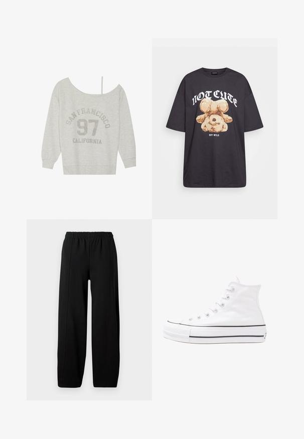 Even&Odd Collegepaita - mottled light grey; Mustat ylisuurent-paidat, joissa on karhun grafiikka ja teksti "EI SULOINEN VAAN VILLI" rohkealla valkoisella fontilla. Puuvillamateriaali.; Mustat leveät housut, joissa on joustava vyötärö ja näkyvät pystysaumat jokaisessa jalassa valkoista taustaa vasten.; Valkoiset korkeavartiset kangaskengät mustalla kumipohjalla, edessä kuminen varvasosa ja kuusi nauha-aukkoa, puhtaan minimalistisella muotoilulla.