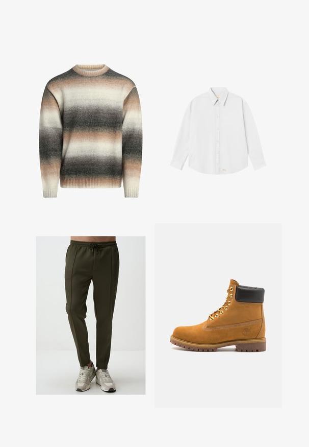 Sweter dzianinowy z okrągłym dekoltem, prążkowanymi mankietami i gradientowym wzorem w odcieniach kremowym, beżowym i szarym. Miękka faktura i luźny krój.; Biała koszula z długim rękawem i klasycznym kołnierzykiem, o zaokrąglonym dole; na dole po lewej stronie znajduje się małe pomarańczowe logo.; Olive green jogger pants wykonane z teksturowanej tkaniny, z elastycznym paskiem w talii i sznurkiem, bocznymi kieszeniami oraz zwężanymi nogawkami.; Beżowe zamszowe botki sięgające kostki z czarną wyściełaną krawędzią, złotymi oczkami, białymi detalami szycia oraz wytrzymałą gumową podeszwą z wyraźnym bieżnikiem.