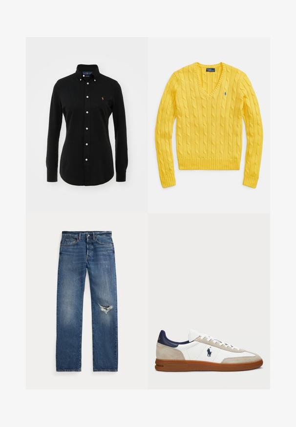 Sárga, V-nyakú kötött pulóver, fonott mintával. Bordázott mandzsetták és szegély. Kis logójelzés a bal mellrészen.; Fekete, hosszúujjú pamut ing, gombos gallérral, fehér gombokkal és egy kis hímzett logóval a mellkason.; Kék farmernadrág közepes derékkal, öt zsebbel és egy kitépett részel a jobb térdnél.; Fehér és bézs sportcipők velúr és bőr felsőrésszel, sötétkék részletekkel és barna gumitalppal. Oldalán logó található, fűzős kialakítással.