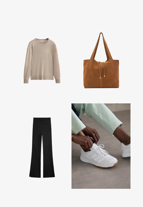 Pulover bej cu mânecă lungă, guler rotund și manșete și tiv din țesătură cu nervuri. Textură moale și croială lejeră, cu umeri căzuti.; Pantaloni negri cu un design evazat, având un talie înaltă și slits laterale pentru o mișcare ușoară. Fabricat dintr-un material neted și elastic.; Pantofii sport albi, cu un superior din plasă, talpă din cauciuc și un design cu trei dungi. Șireturile sunt ajustate; hainele de culoare gri deschis și verde mentă sunt vizibile.; Geantă tote din suede maro cu două mânere lungi, închidere prin șnur și un design minimalistic. Textură netedă și fără accente vizibile de hardură.