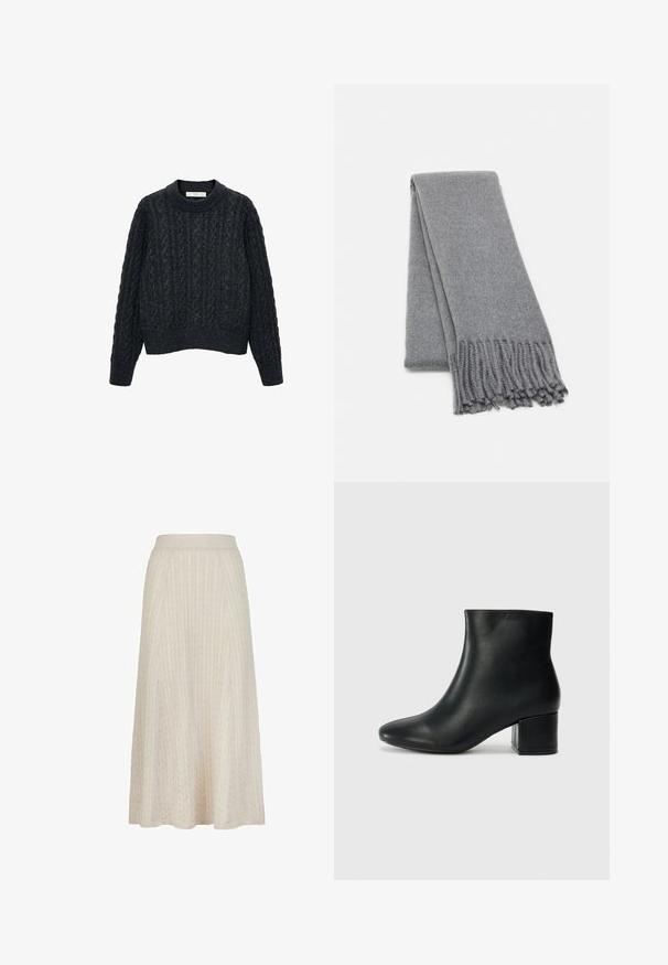 Pull en tricot gris foncé avec un motif en câble texturé, encolure ronde et poignets et ourlet côtelés. Conception à longueur cropped.; Jupe mi-longue en tissu texturé crème avec un motif de tricot en câble, dotée d'une large ceinture et d'une silhouette évasée.; Bottines en cuir noir avec un bout pointu et un talon épais. Texture lisse avec des accents minimalistes et un design élégant et ajusté.; Écharpe en laine grise avec une texture douce, dotée de bords frangés et d'un design simple. Pliée soigneusement, mettant en valeur sa forme allongée.