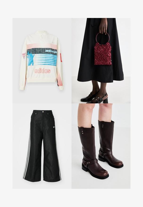 Fehér pulóver magas gallérral, kék és piros vízszintes csíkokkal, Adidas logóval és egy sziluett ábrázolással.; Fekete, bő szárú farmernadrág, mindkét oldalon három fehér csík díszítéssel és egy kis fehér logóval. Elölzsebekkel és gombos záródással rendelkezik.; Barna bőr térd fölé érő csizmák sima textúrával, széles pánttal és háromszögletű fém díszítőelemekkel, lapos gumitalppal.; Burgundi színű, flitteres kézi táska, kör alakú fogantyúval, téglalap alakú, és textúrált felülettel; fekete szoknyával és fényes fekete cipőkkel párosítva.
