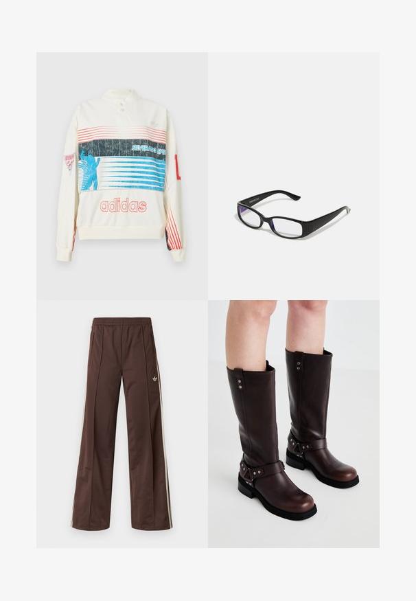 Valge kõrge kaelusega särk, millel on horisontaalsed sinised ja punased triibud, Adidas logo, ning silueti graafika.; Pruunid sportpüksid laiade säärtega, valgete küljeribadega, elastse vöökohaga ja kahe küljetaskuga. Jalal on väike logo.; Pruunist nahast kuni põlveni ulatuvad saapad, millel on sile pind, lai rihm ja kolmnurkne metallist detail, tasased kummist tallad.; Mustad mustad prillid selgete läätsedega. Läikiv viimistlus, kitsad vars, ja läätsede servadel on nähtav lilla varjund.
