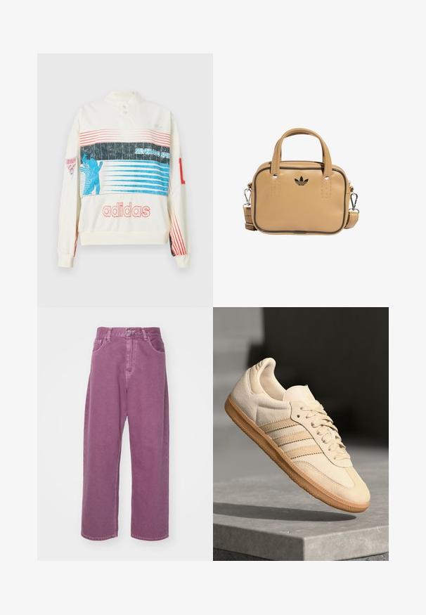 Sweatshirt branco com um colar alto, apresentando riscas horizontais azuis e vermelhas, o logótipo da Adidas e uma gráfica de uma figura em silhueta.; Carhartt WIP BRANDON PANT - Calças de ganga de corte relaxado - dusty fuchsia; Sapatilha de camurça bege clara com sola de borracha, três riscas diagonais e uma biqueira texturizada. Apresenta o logótipo na língua e na lateral.; Bolsa de couro vegan bege com duas alças, alça de ombro destacável, costura de destaque preta e um pequeno logótipo preto na parte frontal.
