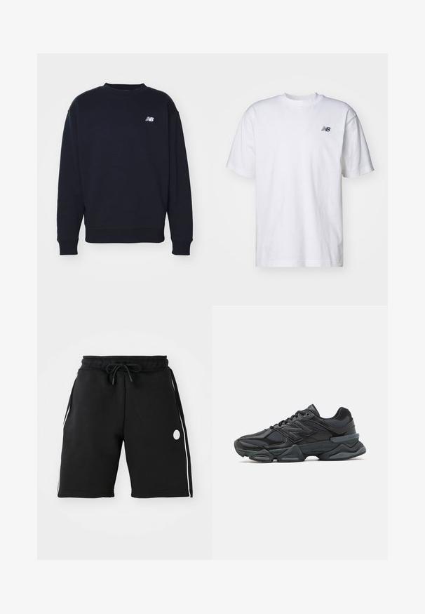 Navy modra majica s kapuco iz mehkega blaga z okroglim izrezom, ribastimi manšetami in majhnim belim logotipom "N" na prsih. Preprost, klasičen dizajn.; Bela kratka majica s kratkimi rokavi in ovratnikom, na kateri je majhen črni logotip New Balance na levem prsnem delu, na enobarvni podlagi.; Črne športne kratke hlače z elastičnim pasom in nastavljivo vezico. Imajo bele stranske črte in okroglo logotipno značko.; Črne tekaške superge, ki združujejo mrežaste in sintetične materiale, imajo debel podplat, ukrivljen oblikovni slog ter izrazito blagovno znamko na strani.