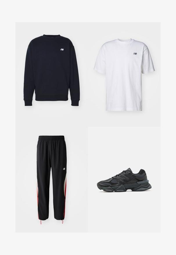 Tummansininen collegepusero pehmeästä kankaasta, jossa on pyöreä kaula-aukko, ribbaatut hihansuut ja pieni valkoinen "N"-logo rinnassa. Yksinkertainen, klassinen muotoilu.; Valkoinen lyhythihainen crew neck -t-paita, jossa vasemmassa rinnassa pieni musta New Balance -logo, taustalla yksinkertainen tausta.; New Balance IN GAME TRACK PANT - Verryttelyhousut - black; Musta juoksukenkä, jossa on yhdistelmä verkko- ja synteettisiä materiaaleja, paksu pohja, kaareva muotoilu ja näkyvä brändäys sivussa.