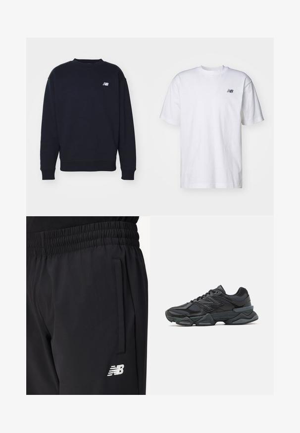 Marineblauer Sweatshirt aus weichem Stoff mit Rundhalsausschnitt, gerippten Bündchen und kleinem weißen "N"-Logo auf der Brust. Einfaches, klassisches Design.; Weißes T-Shirt mit kurzen Ärmeln und Rundhalsausschnitt, mit kleinem schwarzen New Balance-Logo auf der linken Brust vor einem einfarbigen Hintergrund.; Schwarze Sporthosen mit elastischem Bund, seitlicher Tasche und weißem New Balance-Logo auf dem Oberschenkel.; Schwarzer Laufschuh mit einer Mischung aus Mesh- und sinthetischen Materialien, dicke Sohle, geschwungenes Design und auffälliger Markenkennzeichnung an der Seite.
