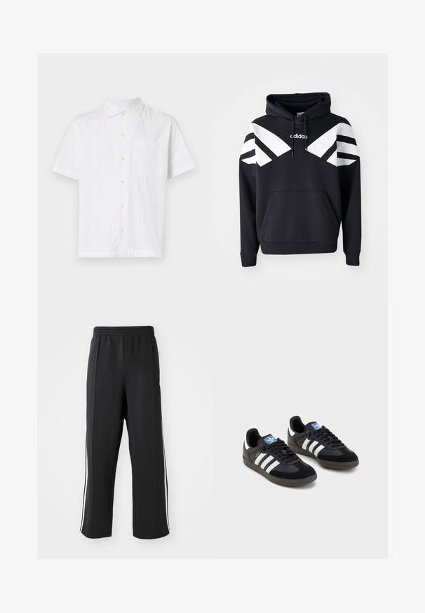Czarna bluzka z kapturem z białymi ukośnymi paskami na klatce piersiowej i rękawach, kieszenią z przodu oraz logo na górnej części klatki piersiowej.; Biała koszula z krótkim rękawem, zapinana na guziki, z jedną kieszenią, teksturowana tkanina i jasne żółte guziki.; Białe bawełniane koszulki, krótki rękaw, design z okrągłym dekoltem, gładka faktura, ułożone w rzędzie, z subtelnym logo przy dekolcie.; Czarna dresowa spodnie z elastycznym paskiem w talii, z białymi paskami po bokach i luźnym krojem. Wykonane z miękkiego, elastycznego materiału.; Czarne sneakersy z zamszową i syntetyczną cholewką, wyposażone w trzy białe paski, teksturowaną gumową podeszwę oraz niebieską metkę z logo na języku.