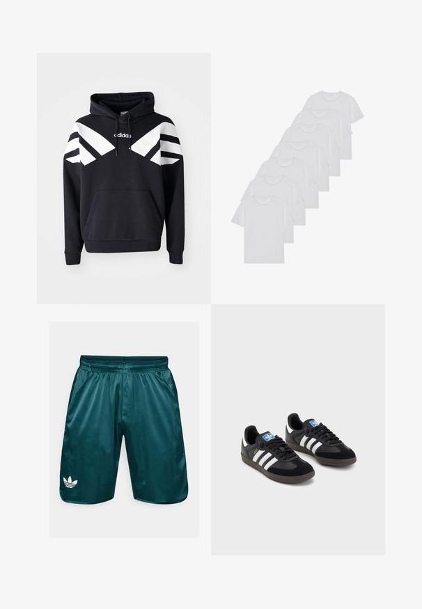 Crna dukserica s kapuljačom koja ima bijele dijagonalne pruge preko prsnog dijela i rukava, prednji džep i logotip na gornjem dijelu prsnog koša.; Bijele pamučne majice, kratki rukavi, dizajn s okruglim izrezom, jednostavne teksture, složene u red, s suptilnim brendiranjem na izrezu.; Teal saten hlače s elastičnom trakicom u struku, bočnim džepovima i bijelim Adidas trefoil logom na lijevoj nozi. Glatka tekstura, dizajn do koljena.; Crne tenisice s gornjim dijelom od antilopa i sintetičkog materijala, s tri bijele pruge, teksturiranom gumenom potplatom i plavom oznakom na jeziku.