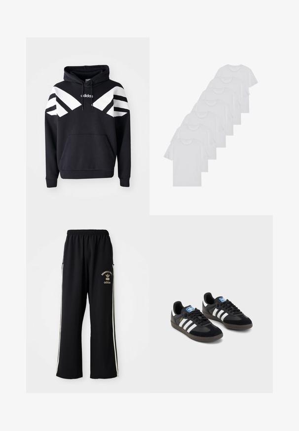 Sweatshirt preto com capuz, apresentando riscas diagonais brancas no peito e nas mangas, bolso frontal e logótipo na parte superior do peito.; T-shirts brancos de algodão, mangas curtas, design de gola redonda, com textura lisa, empilhados em fila, com uma marcação subtil na gola.; Calças de desporto pretas com riscas laterais brancas e detalhes do logótipo. Feitas de um tecido suave com um cós elástico para maior conforto.; Sneakers pretos com parte superior em camurça e sintético, apresentando três riscas brancas, sola de borracha texturizada e etiqueta azul no linguete.