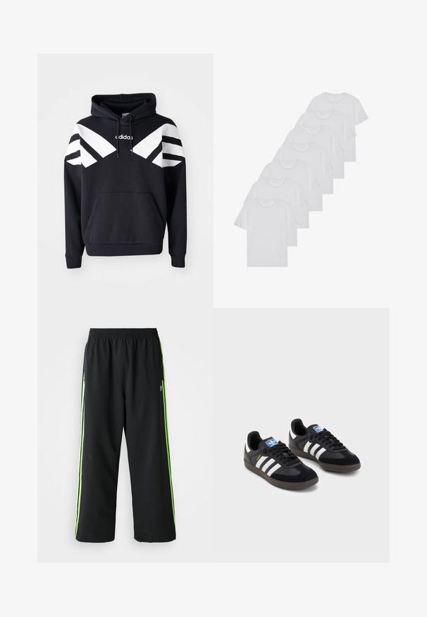 Fekete kapucnis pulóver, fehér diagonális csíkokkal a mellkason és az ujjakon, elülső zsebbel és logóval a mellkason.; Fehér pamut pólók, rövid ujjúak, kerek nyak kialakítással, sima textúrával, sorba rakva, diszkrét logóval a nyaknál.; Fekete sportnadrág, rugalmas derékrésszel, élénkzöld oldalsávokkal és laza fazonnal. Könnyű anyagból készült.; Fekete sportcipők, velúrból és szintetikus anyagból készült felsőrésszel, három fehér csíkkal, textúrázott gumitalppal és kék logó címkével a nyelvén.